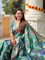 Thumbnail for Vedant Vastram Soft Litchi Silk Banarasi Silk Jacquard Saree - Rama - Dista