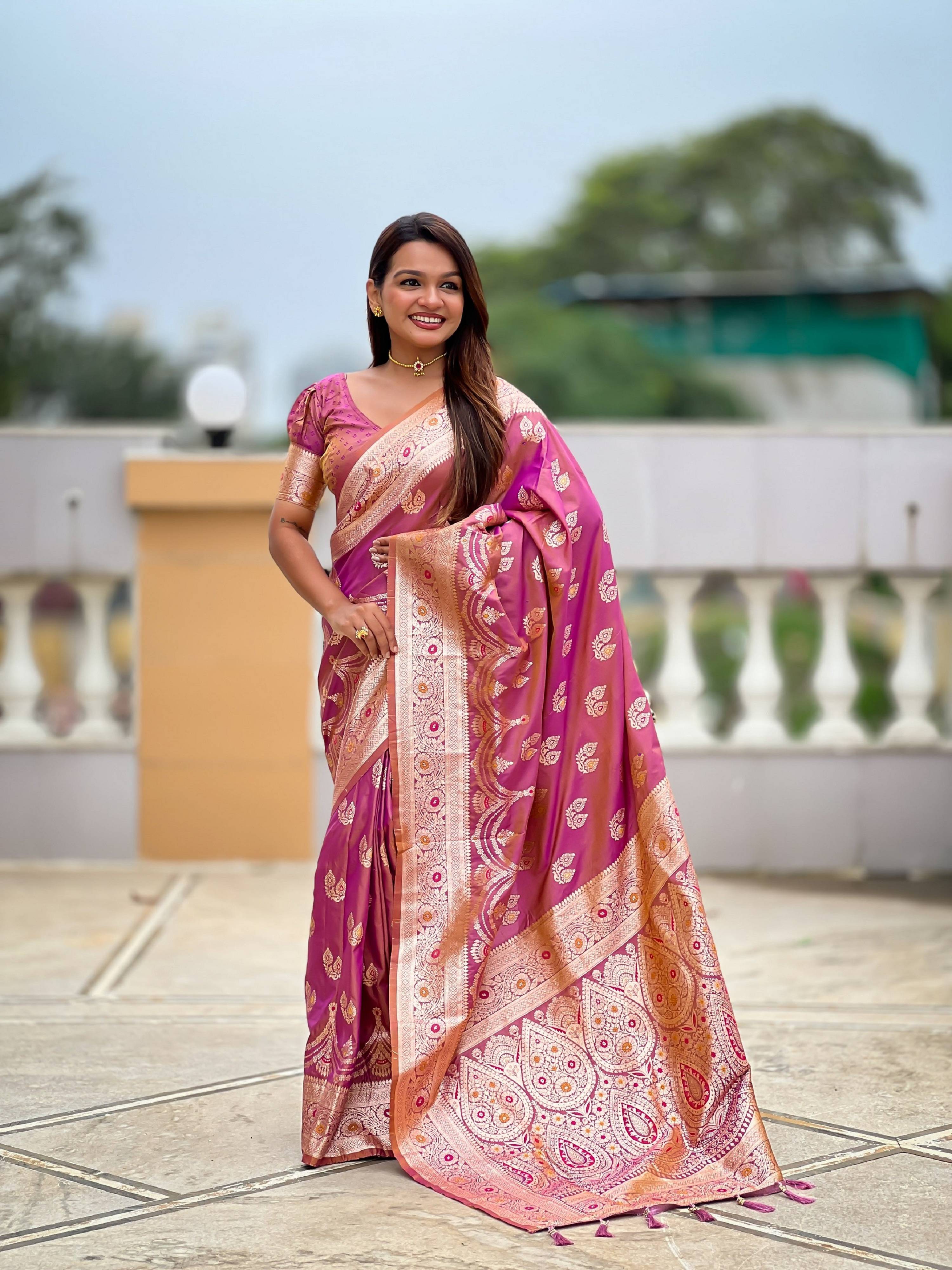 Vedant Vastram Soft Litchi Silk Banarasi Silk Jacquard Saree - Purple - Dista