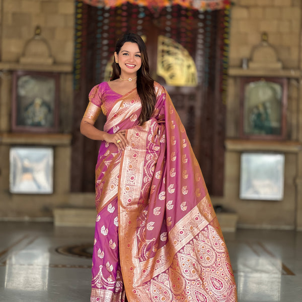 Vedant Vastram Soft Litchi Silk Banarasi Silk Jacquard Saree - Purple - Dista