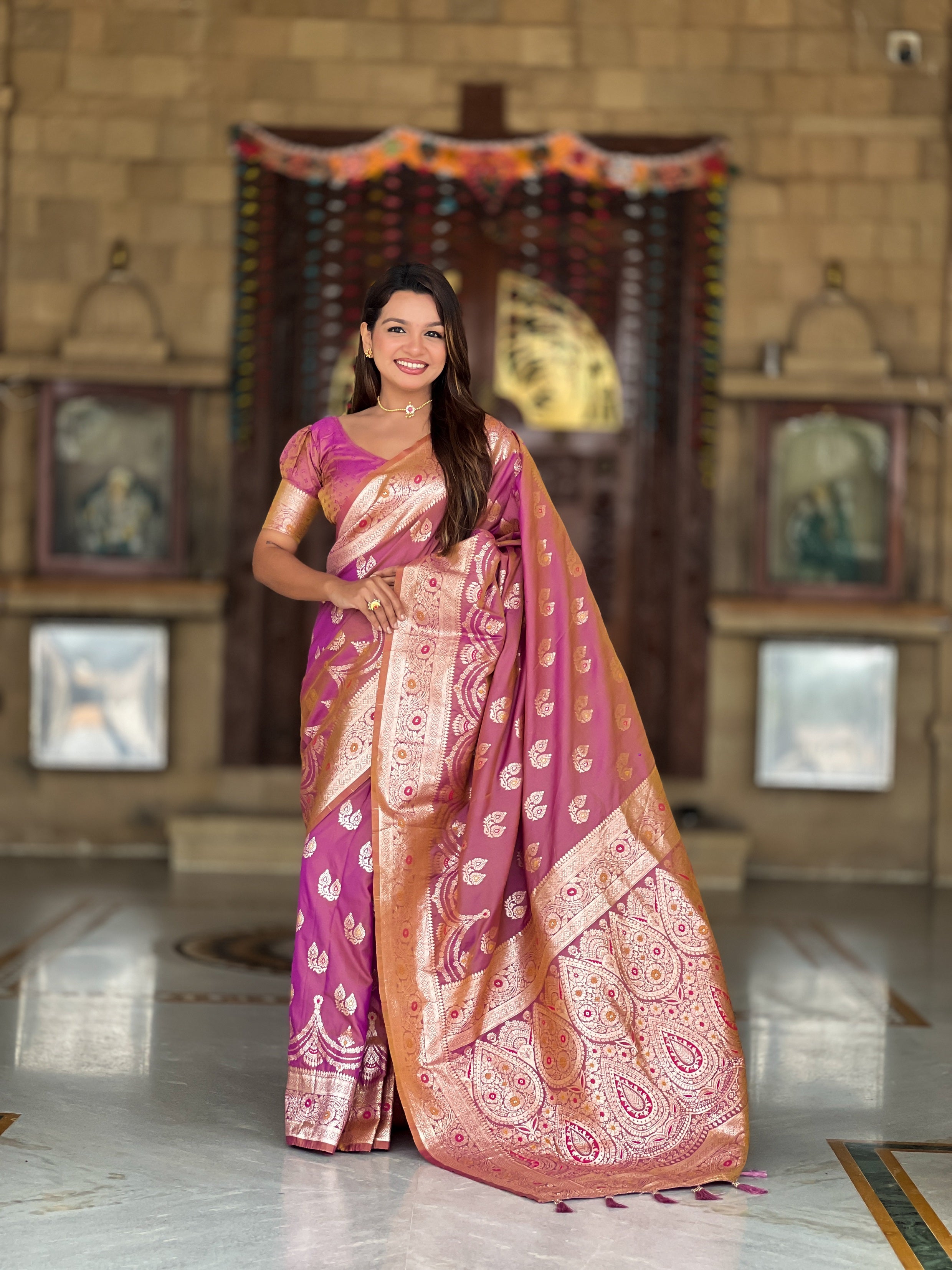 Vedant Vastram Soft Litchi Silk Banarasi Silk Jacquard Saree - Purple - Dista