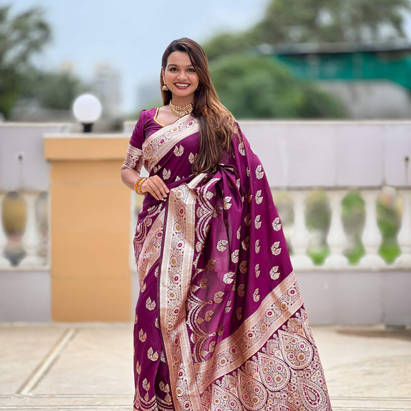 Vedant Vastram Soft Litchi Silk Banarasi Silk Jacquard Saree - Wine