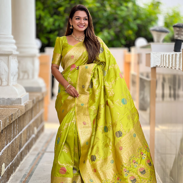 Vedant Vastram Soft Litchi Silk Banarasi Silk Jacquard Saree - Parrot - Dista