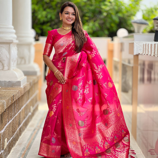 Vedant Vastram Soft Litchi Silk Banarasi Silk Jacquard Saree - Rani - Dista