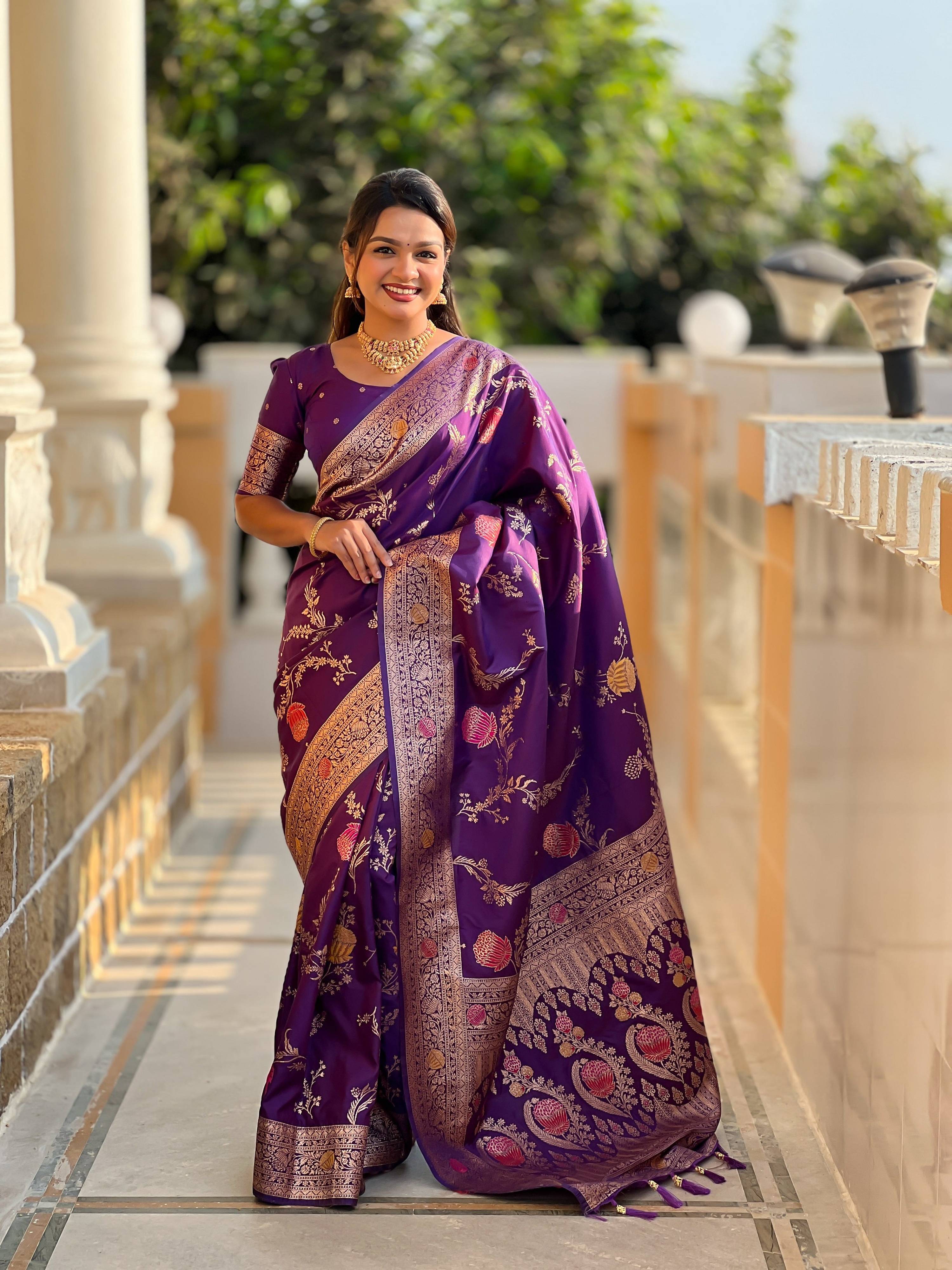 Vedant Vastram Soft Litchi Silk Banarasi Silk Jacquard Saree - Wine - Dista