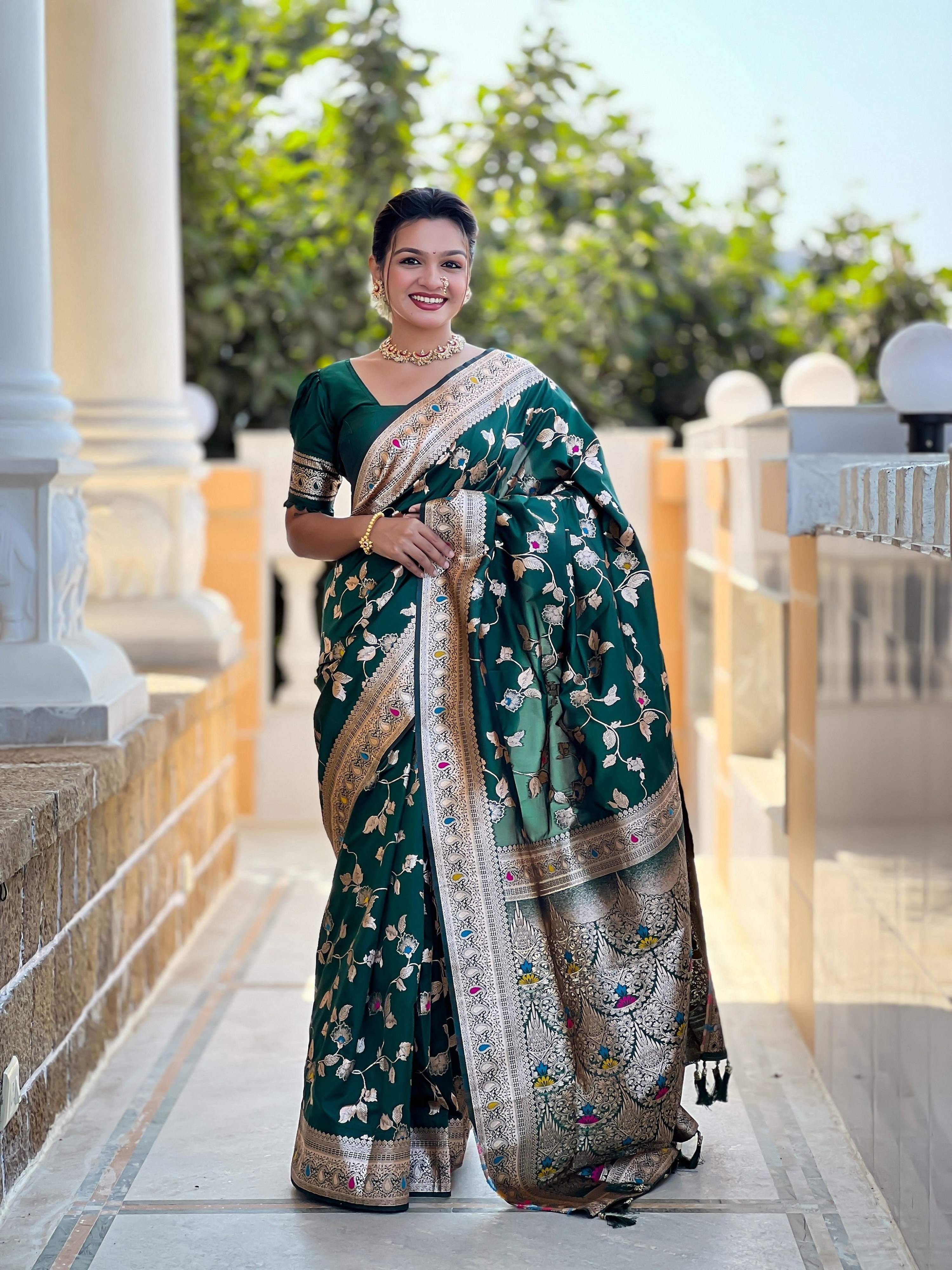 Vedant Vastram Soft Litchi Silk Banarasi Silk Jacquard Saree - Green - Dista