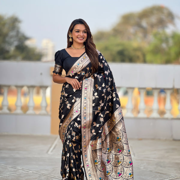 Vedant Vastram Soft Litchi Silk Banarasi Silk Jacquard Saree - Black - Dista