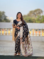 Thumbnail for Vedant Vastram Soft Litchi Silk Banarasi Silk Jacquard Saree - Black - Dista