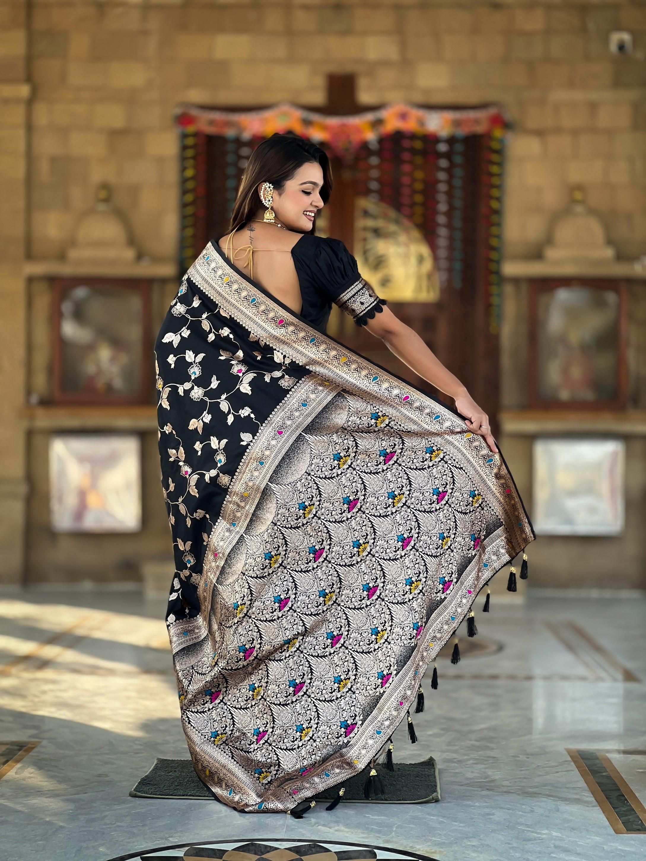 Vedant Vastram Soft Litchi Silk Banarasi Silk Jacquard Saree - Black - Dista