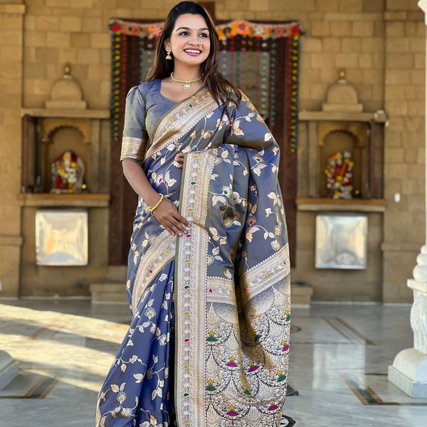 Vedant Vastram Soft Litchi Silk Banarasi Silk Jacquard Saree - Grey - Dista