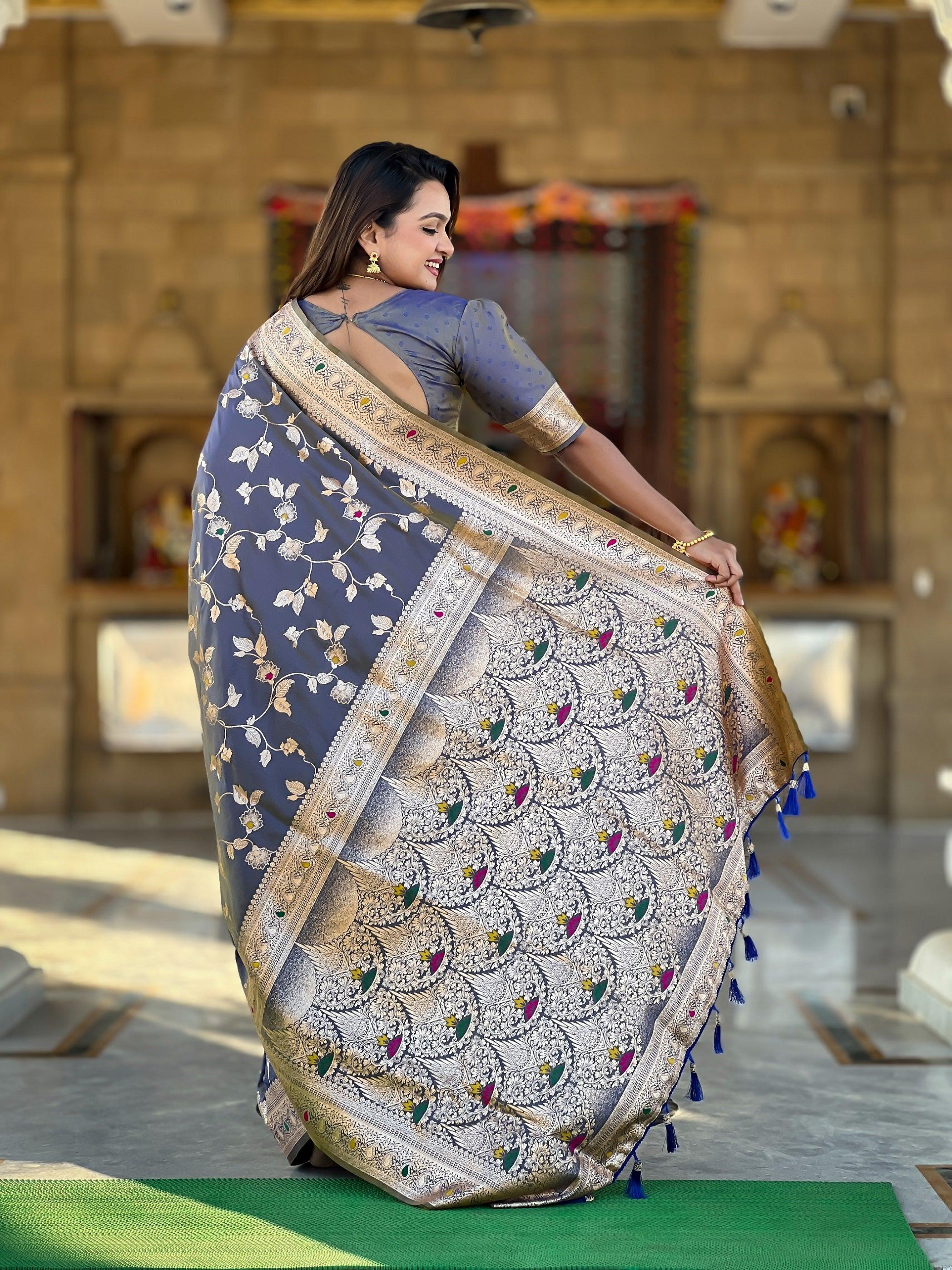 Vedant Vastram Soft Litchi Silk Banarasi Silk Jacquard Saree - Grey - Dista