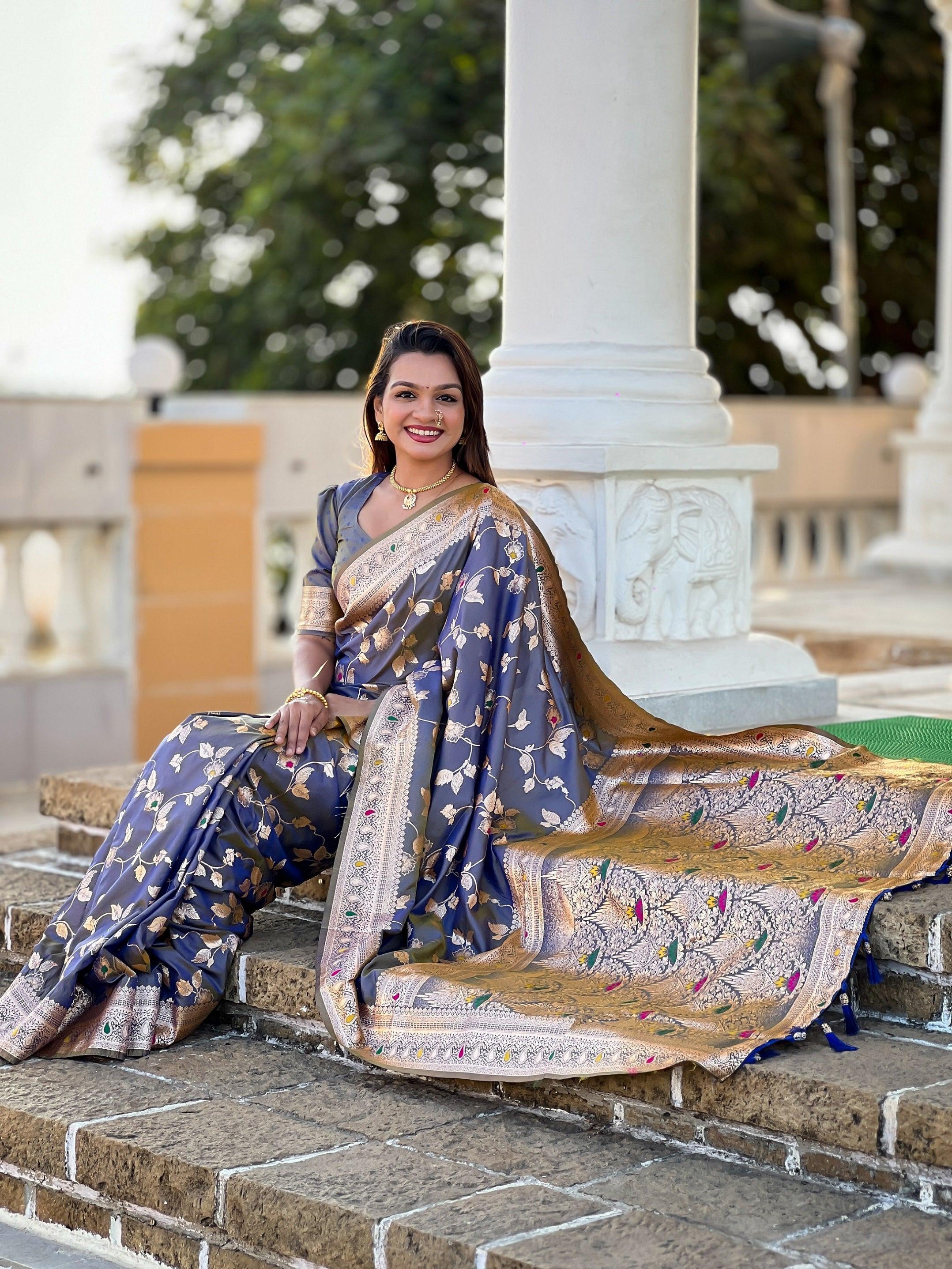 Vedant Vastram Soft Litchi Silk Banarasi Silk Jacquard Saree - Grey - Dista