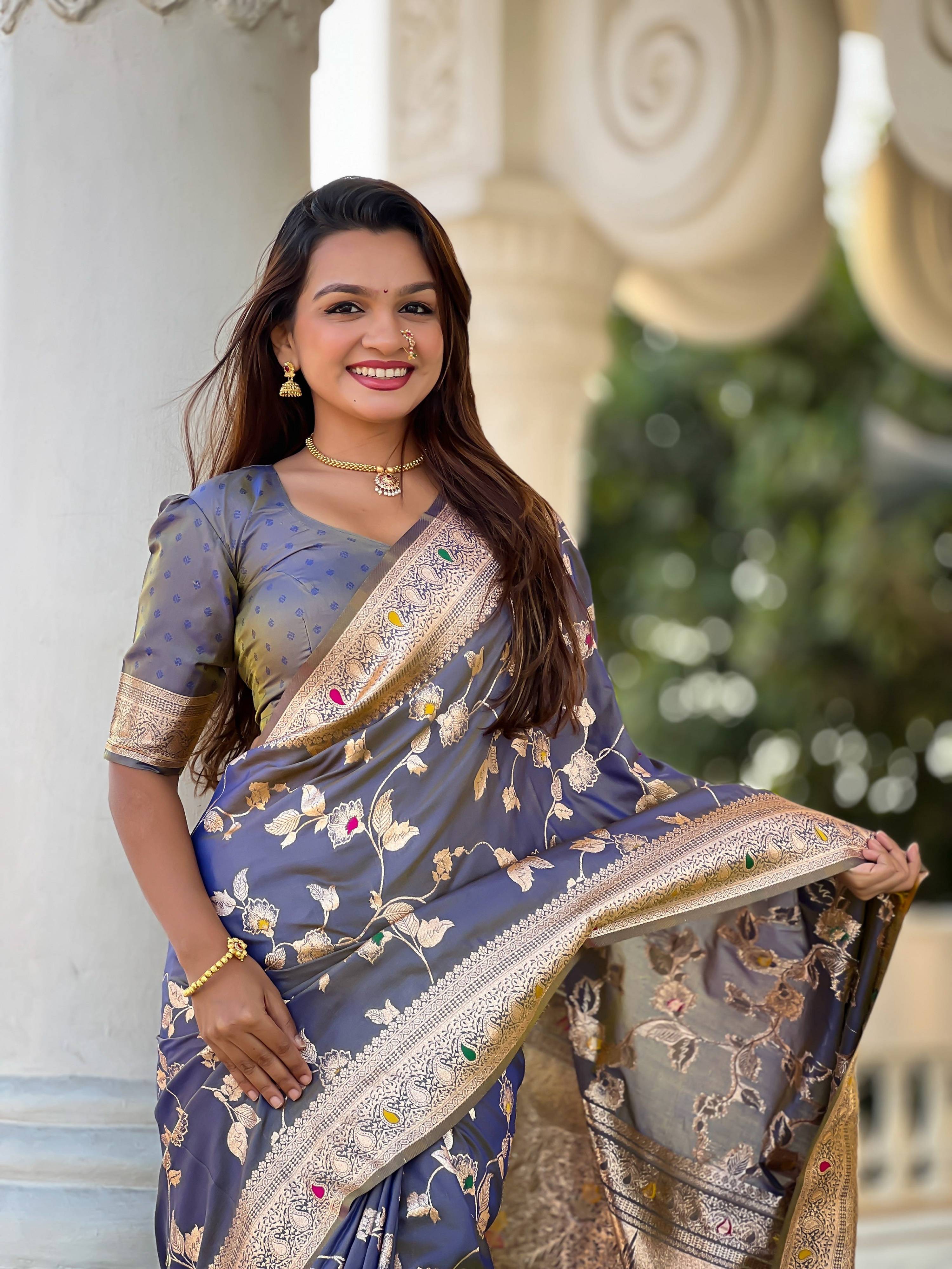Vedant Vastram Soft Litchi Silk Banarasi Silk Jacquard Saree - Grey - Dista