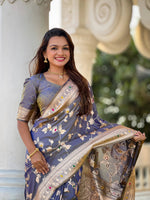 Thumbnail for Vedant Vastram Soft Litchi Silk Banarasi Silk Jacquard Saree - Grey - Dista