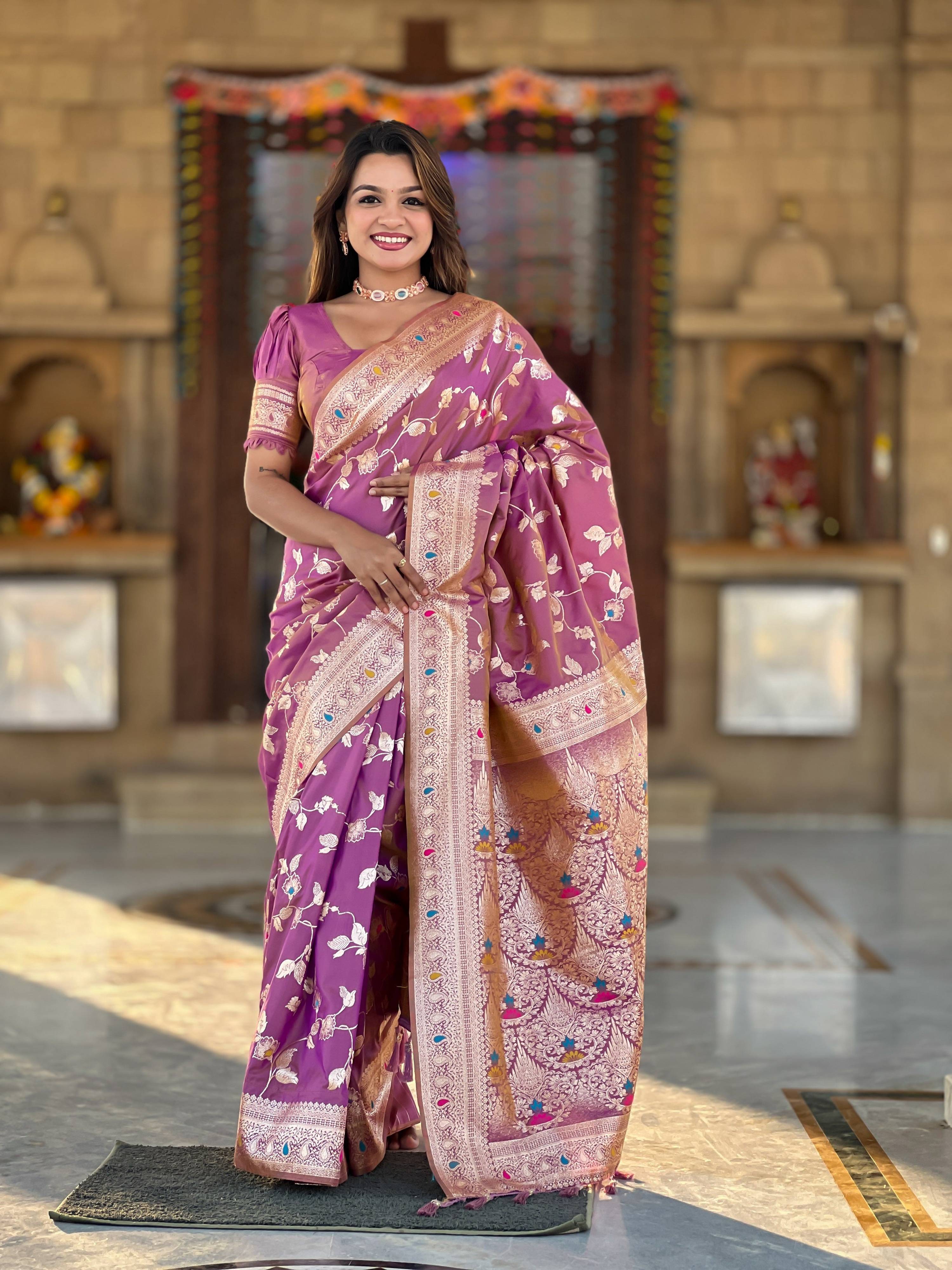 Vedant Vastram Soft Litchi Silk Banarasi Silk Jacquard Saree - Purple - Dista