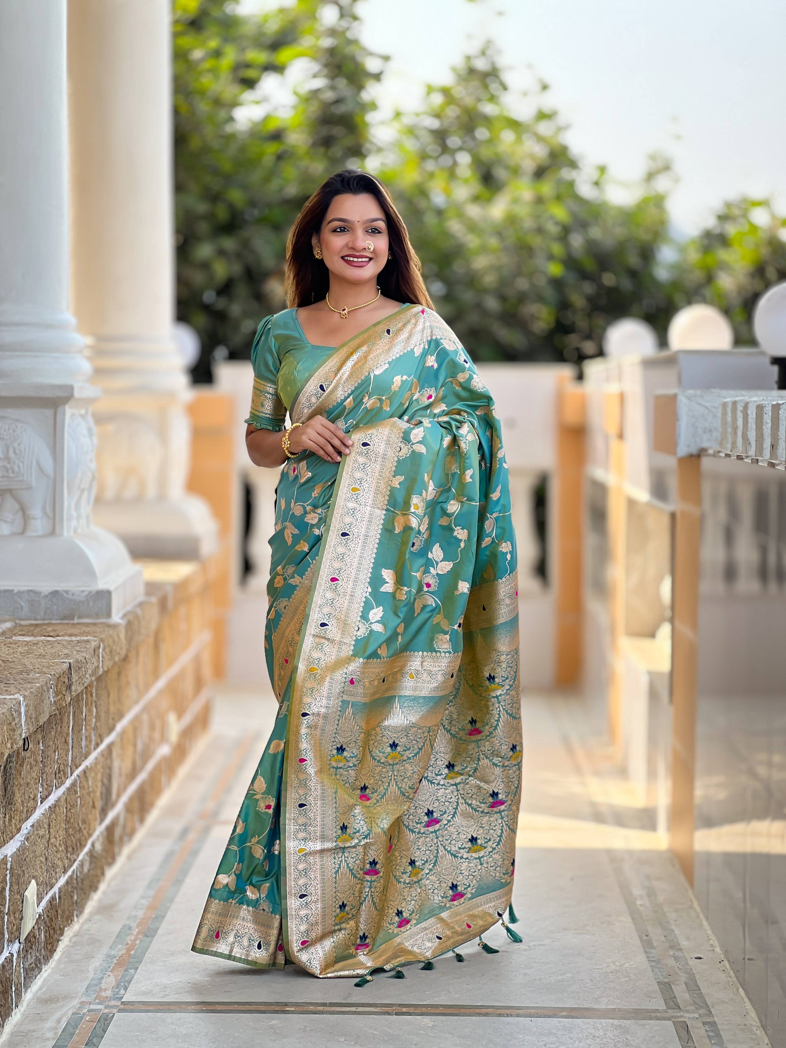 Vedant Vastram Soft Litchi Silk Banarasi Silk Jacquard Saree - Pista - Dista
