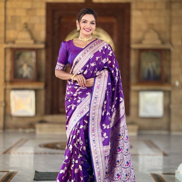 Vedant Vastram Soft Litchi Silk Banarasi Silk Jacquard Saree - Violet - Dista