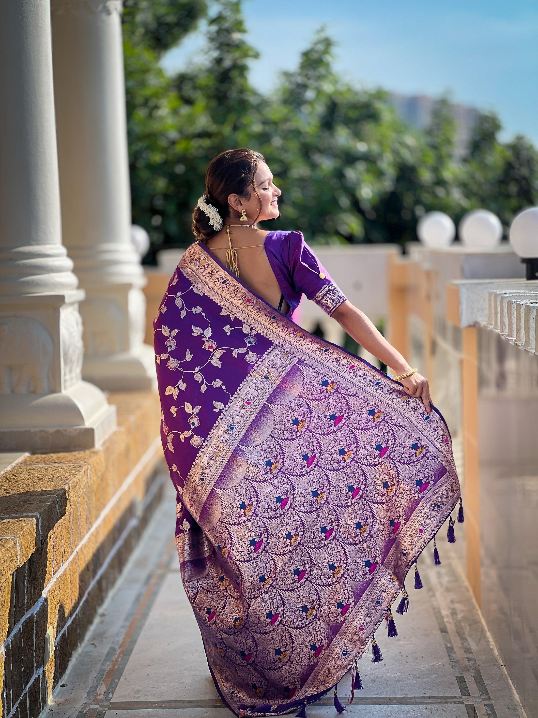 Vedant Vastram Soft Litchi Silk Banarasi Silk Jacquard Saree - Violet - Dista