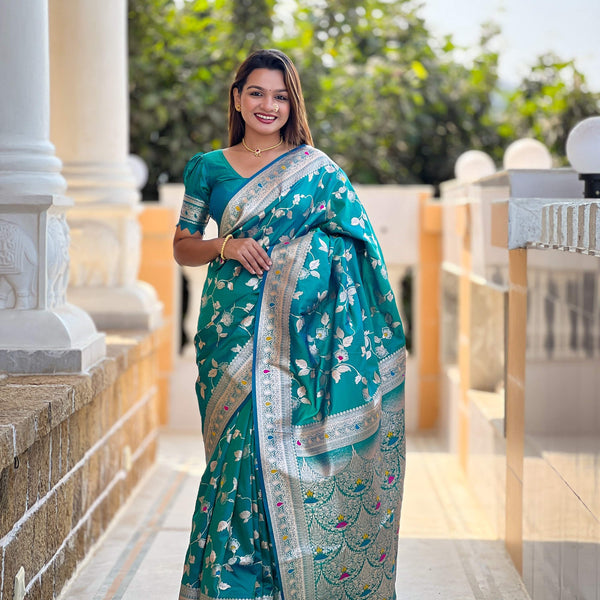 Vedant Vastram Soft Litchi Silk Banarasi Silk Jacquard Saree - Rama - Dista