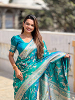 Thumbnail for Vedant Vastram Soft Litchi Silk Banarasi Silk Jacquard Saree - Rama - Dista