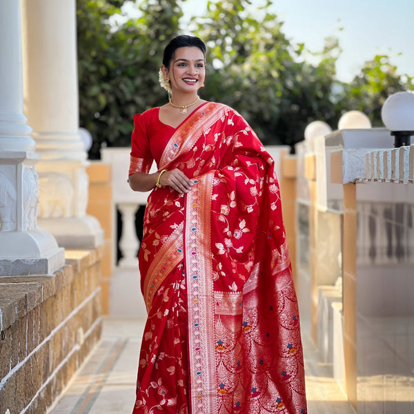 Vedant Vastram Soft Litchi Silk Banarasi Silk Jacquard Saree - Red - Dista