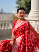 Thumbnail for Vedant Vastram Soft Litchi Silk Banarasi Silk Jacquard Saree - Red - Dista