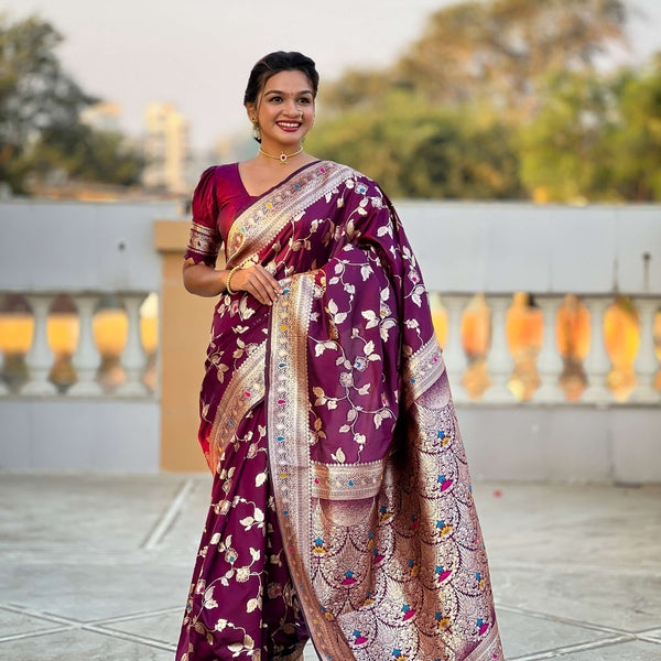 Vedant Vastram Soft Litchi Silk Banarasi Silk Jacquard Saree - Wine - Dista