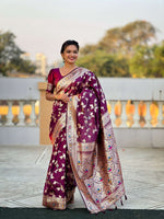 Thumbnail for Vedant Vastram Soft Litchi Silk Banarasi Silk Jacquard Saree - Wine - Dista