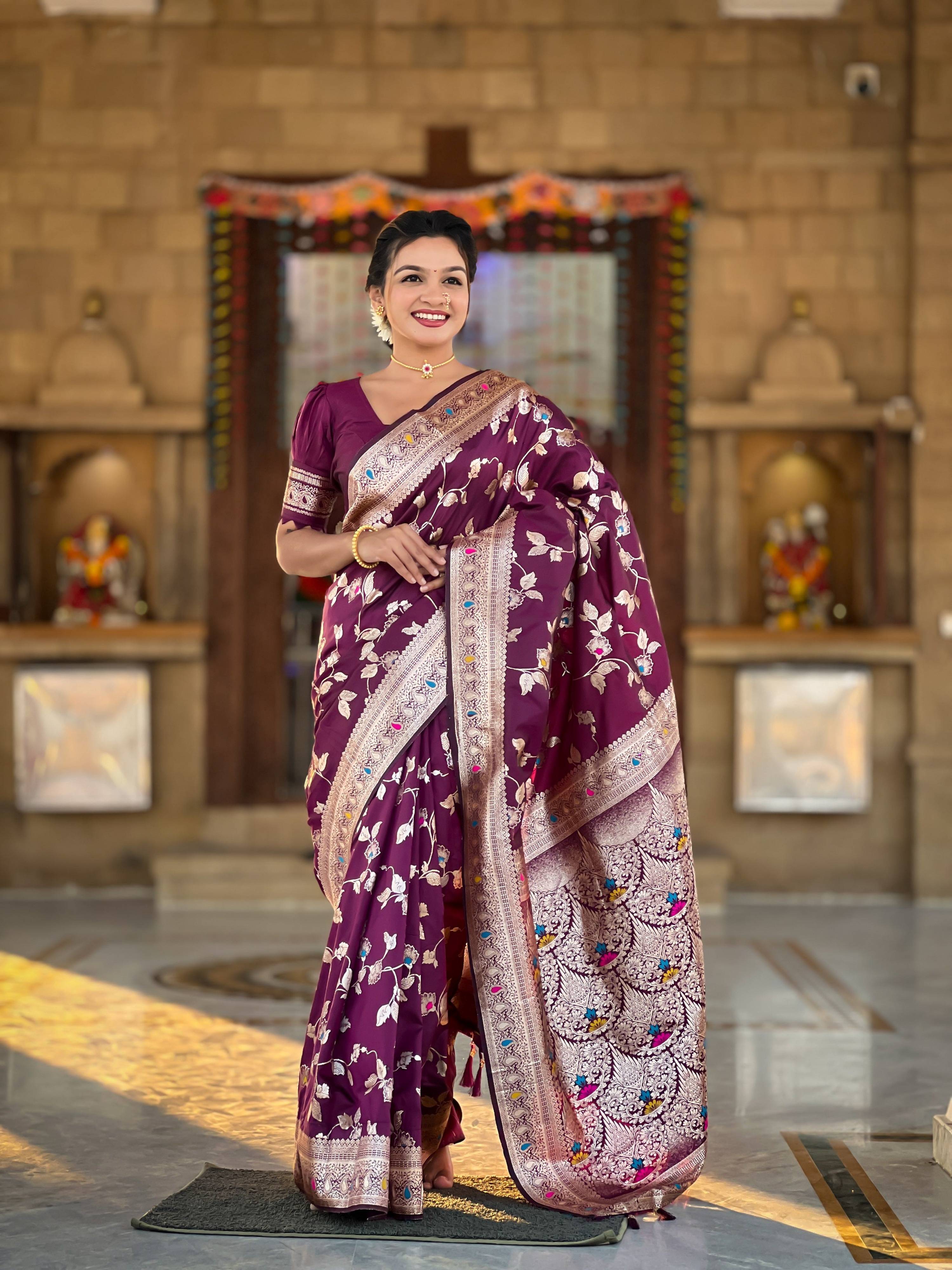 Vedant Vastram Soft Litchi Silk Banarasi Silk Jacquard Saree - Wine - Dista