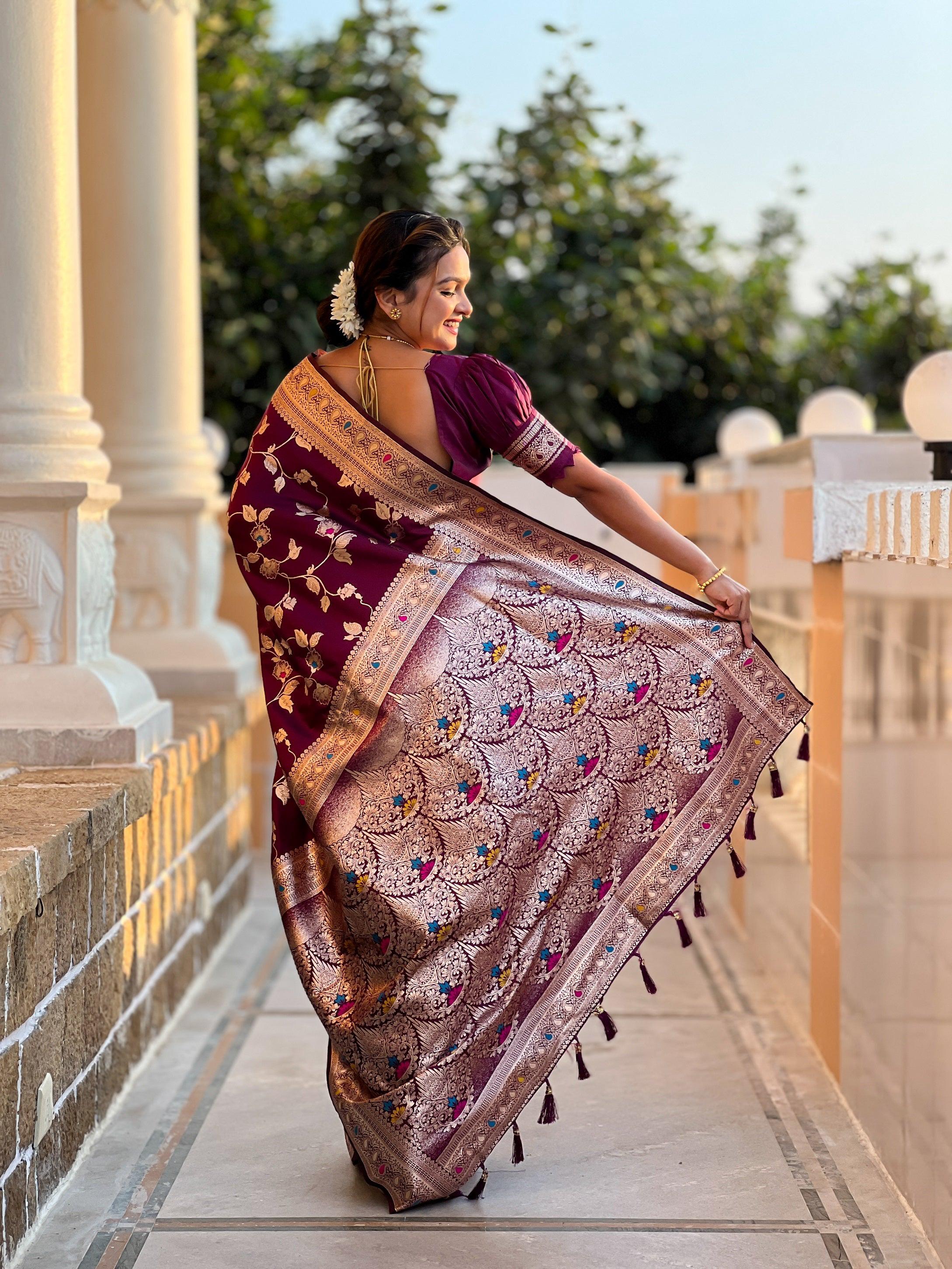 Vedant Vastram Soft Litchi Silk Banarasi Silk Jacquard Saree - Wine - Dista