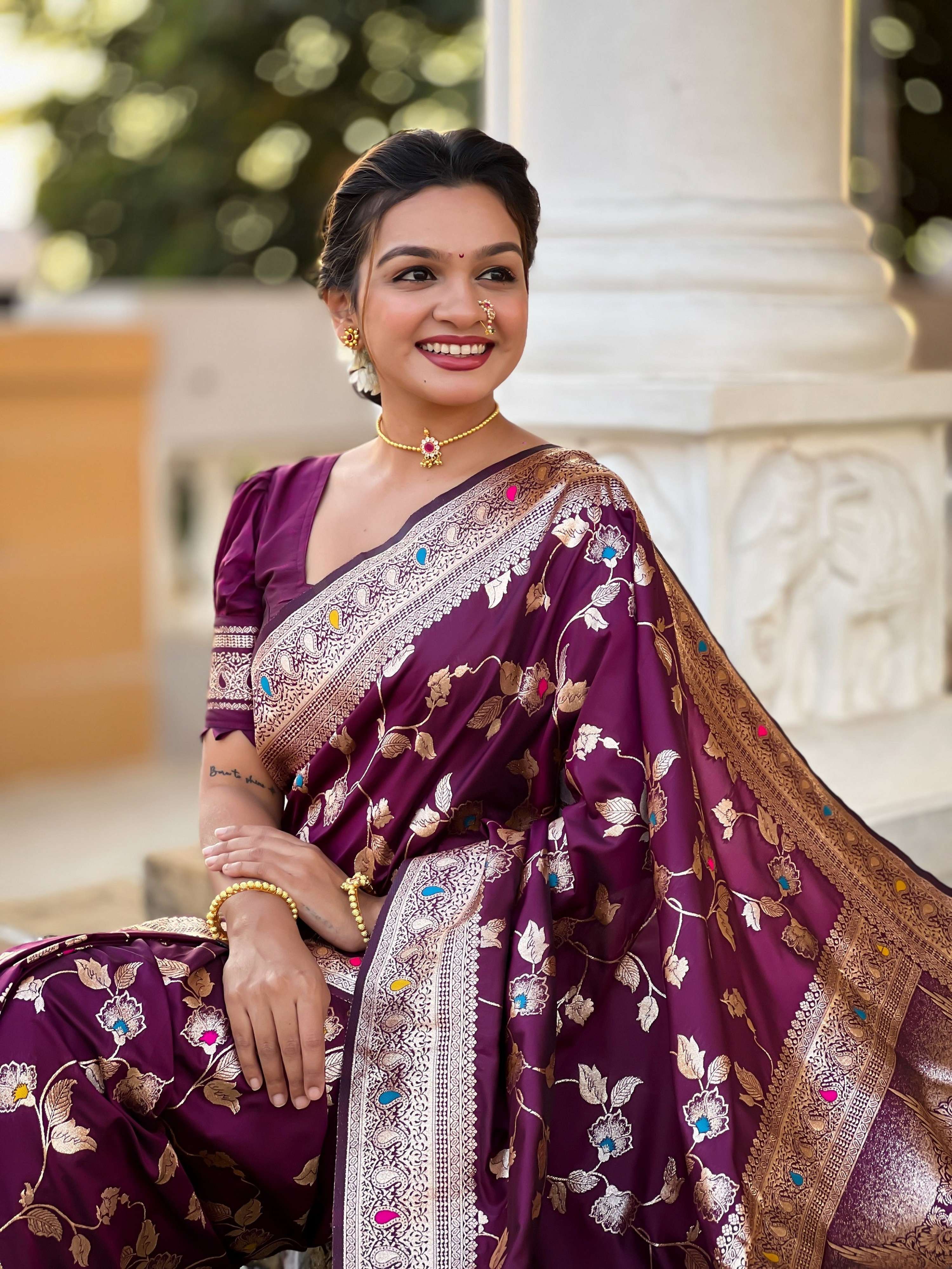Vedant Vastram Soft Litchi Silk Banarasi Silk Jacquard Saree - Wine - Dista