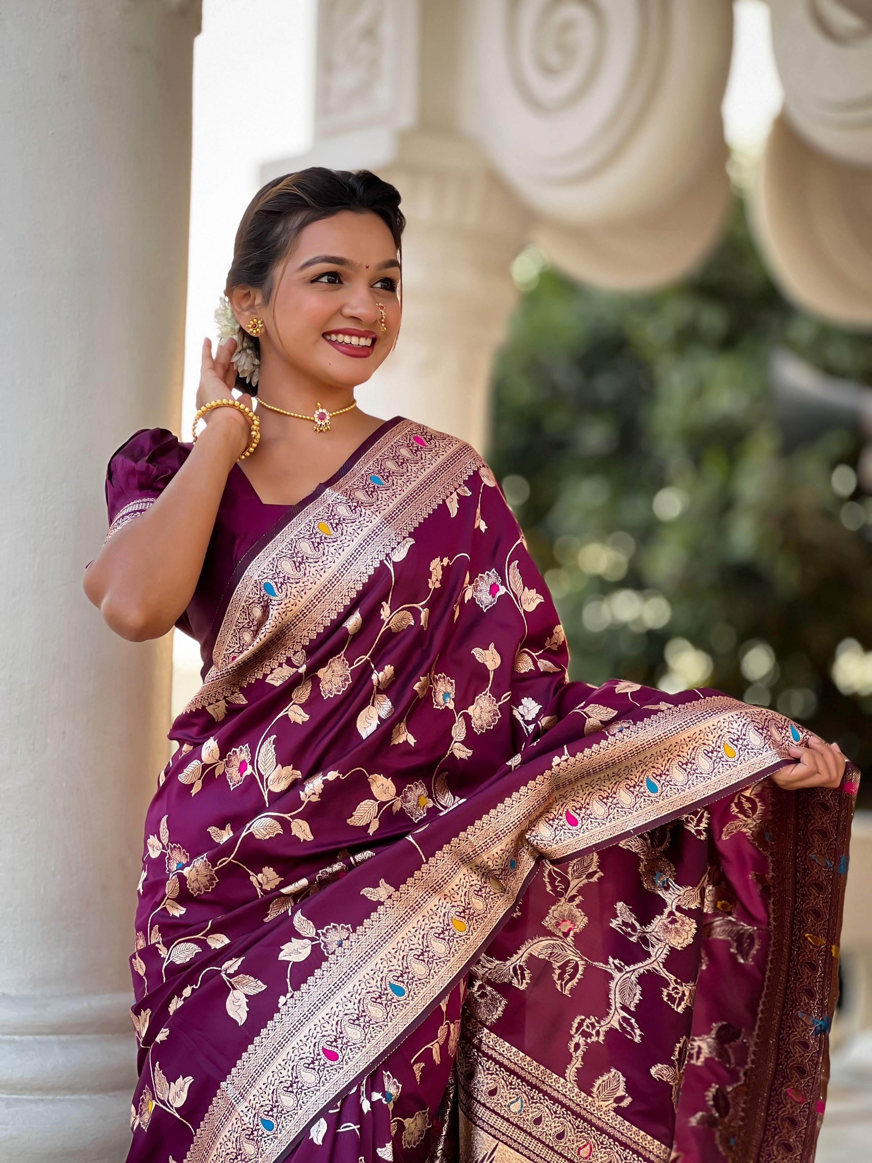 Vedant Vastram Soft Litchi Silk Banarasi Silk Jacquard Saree - Wine - Dista