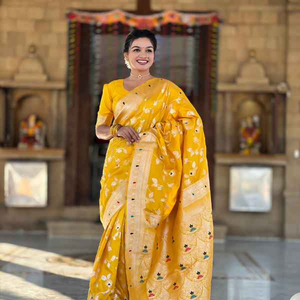 Vedant Vastram Soft Litchi Silk Banarasi Silk Jacquard Saree - Yellow - Dista