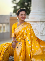 Thumbnail for Vedant Vastram Soft Litchi Silk Banarasi Silk Jacquard Saree - Yellow - Dista