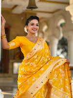 Thumbnail for Vedant Vastram Soft Litchi Silk Banarasi Silk Jacquard Saree - Yellow - Dista