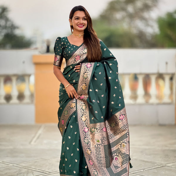 Vedant Vastram Soft Litchi Silk Banarasi Silk Jacquard Saree - Green - Dista