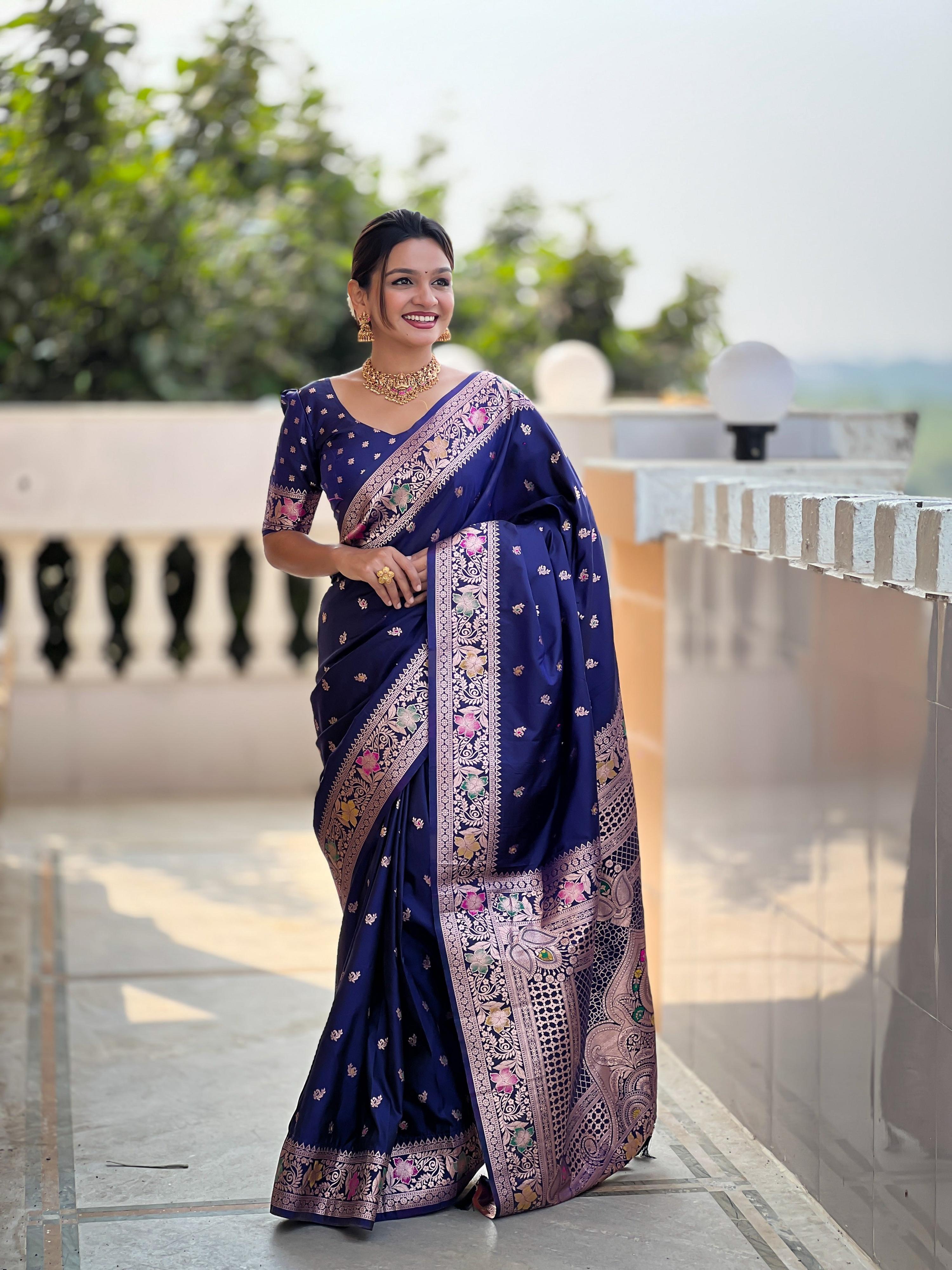 Vedant Vastram Soft Litchi Silk Banarasi Silk Jacquard Saree - Navy Blue - Dista