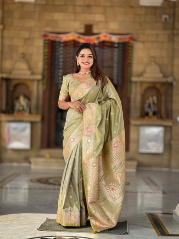 Vedant Vastram Soft Litchi Silk Banarasi Silk Jacquard Saree - Pista - Dista