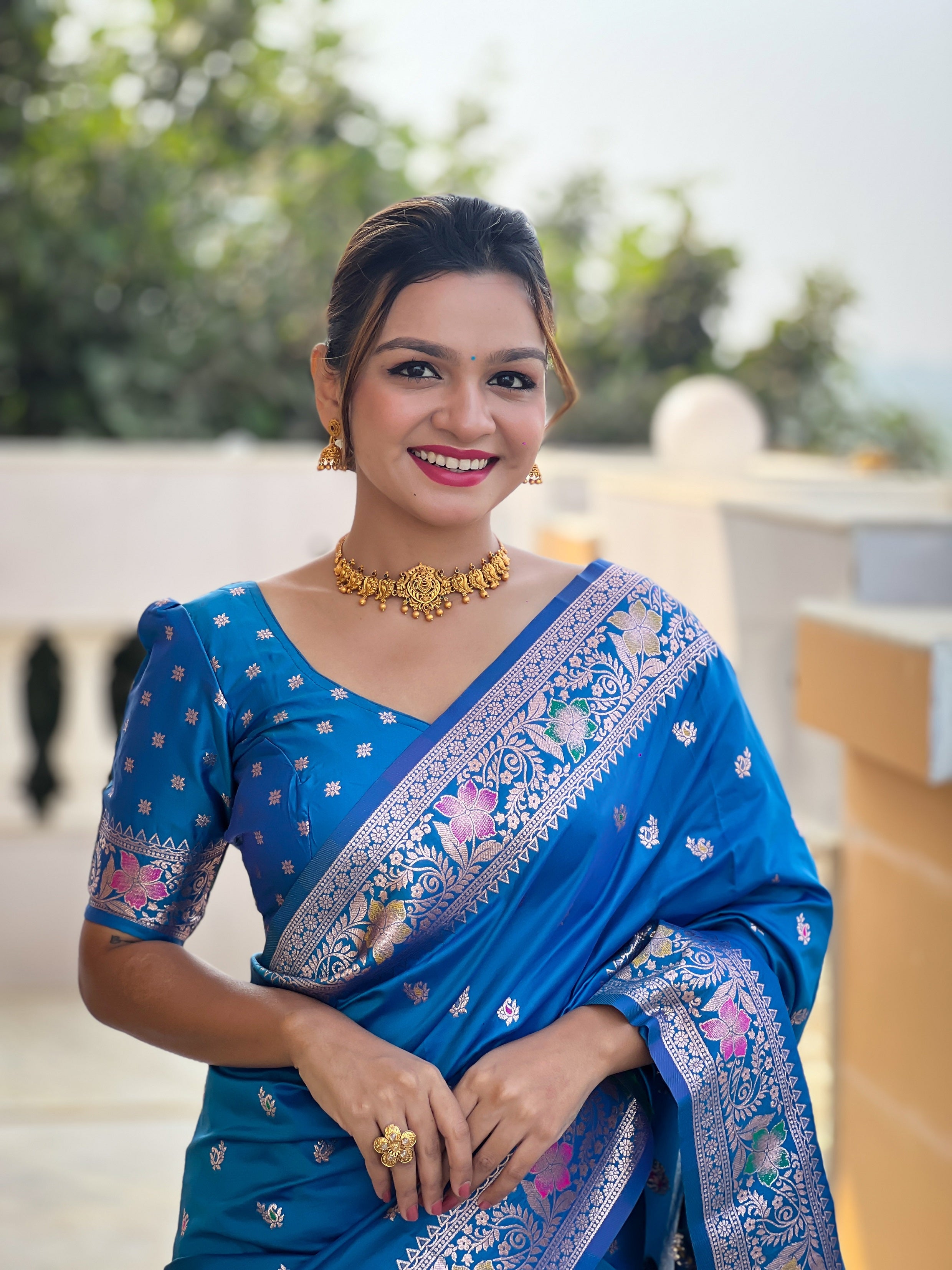 Vedant Vastram Soft Litchi Silk Banarasi Silk Jacquard Saree - Skyblue - Dista