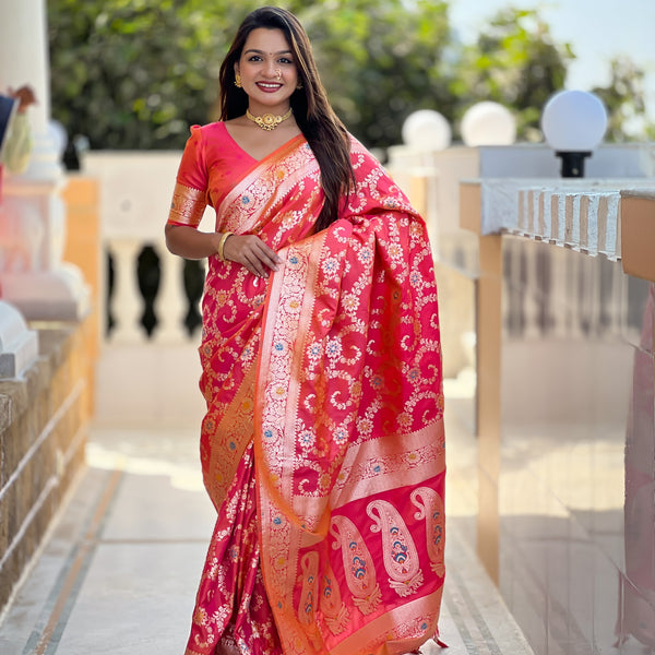 Vedant Vastram Soft Litchi Silk Banarasi Silk Jacquard Saree - Gajri - Dista