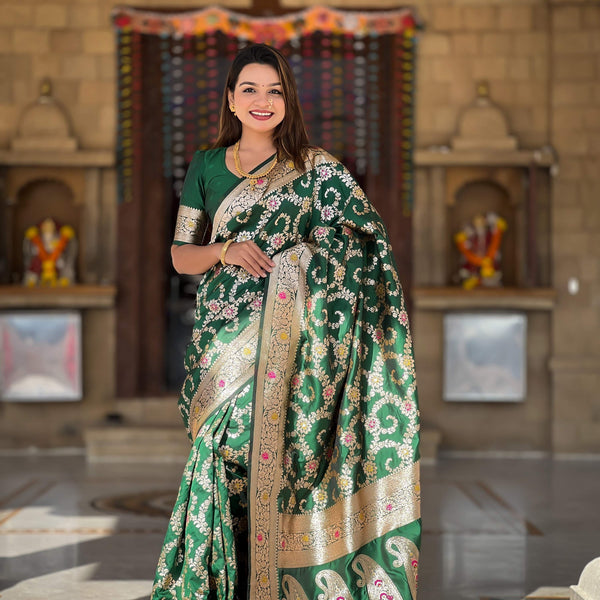 Vedant Vastram Soft Litchi Silk Banarasi Silk Jacquard Saree - Green - Dista