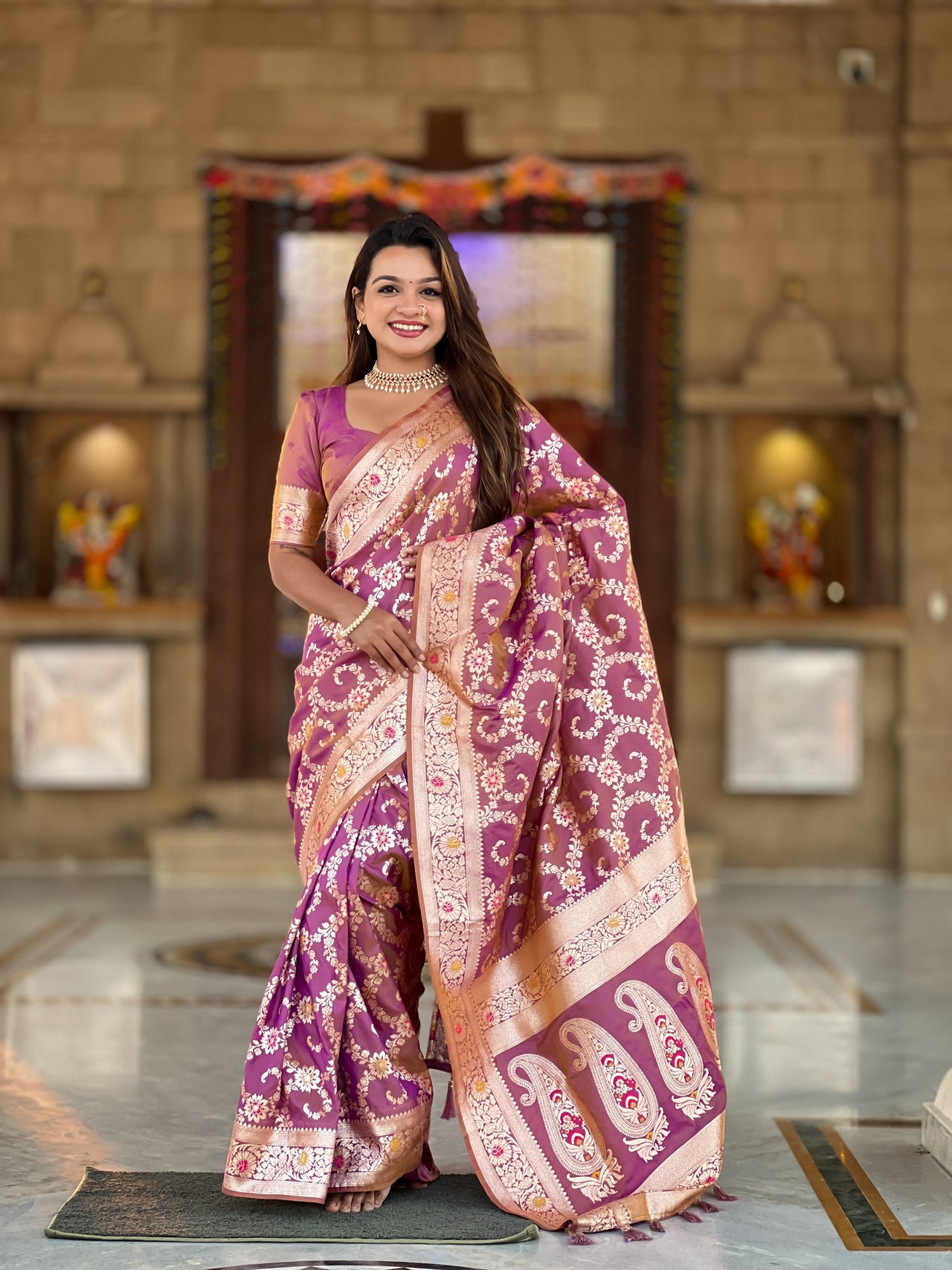 Vedant Vastram Soft Litchi Silk Banarasi Silk Jacquard Saree - Purple - Dista
