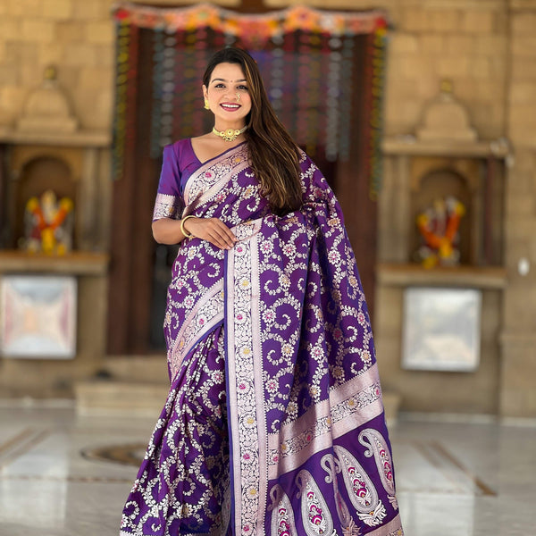 Vedant Vastram Soft Litchi Silk Banarasi Silk Jacquard Saree - Violet - Dista