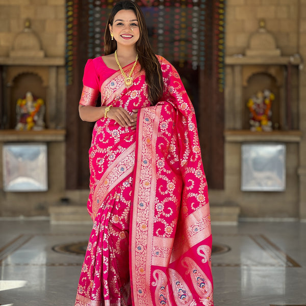 Vedant Vastram Soft Litchi Silk Banarasi Silk Jacquard Saree - Rani - Dista