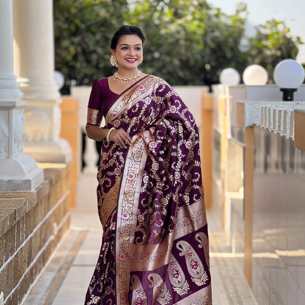 Vedant Vastram Soft Litchi Silk Banarasi Silk Jacquard Saree - Wine - Dista