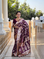 Thumbnail for Vedant Vastram Soft Litchi Silk Banarasi Silk Jacquard Saree - Wine - Dista