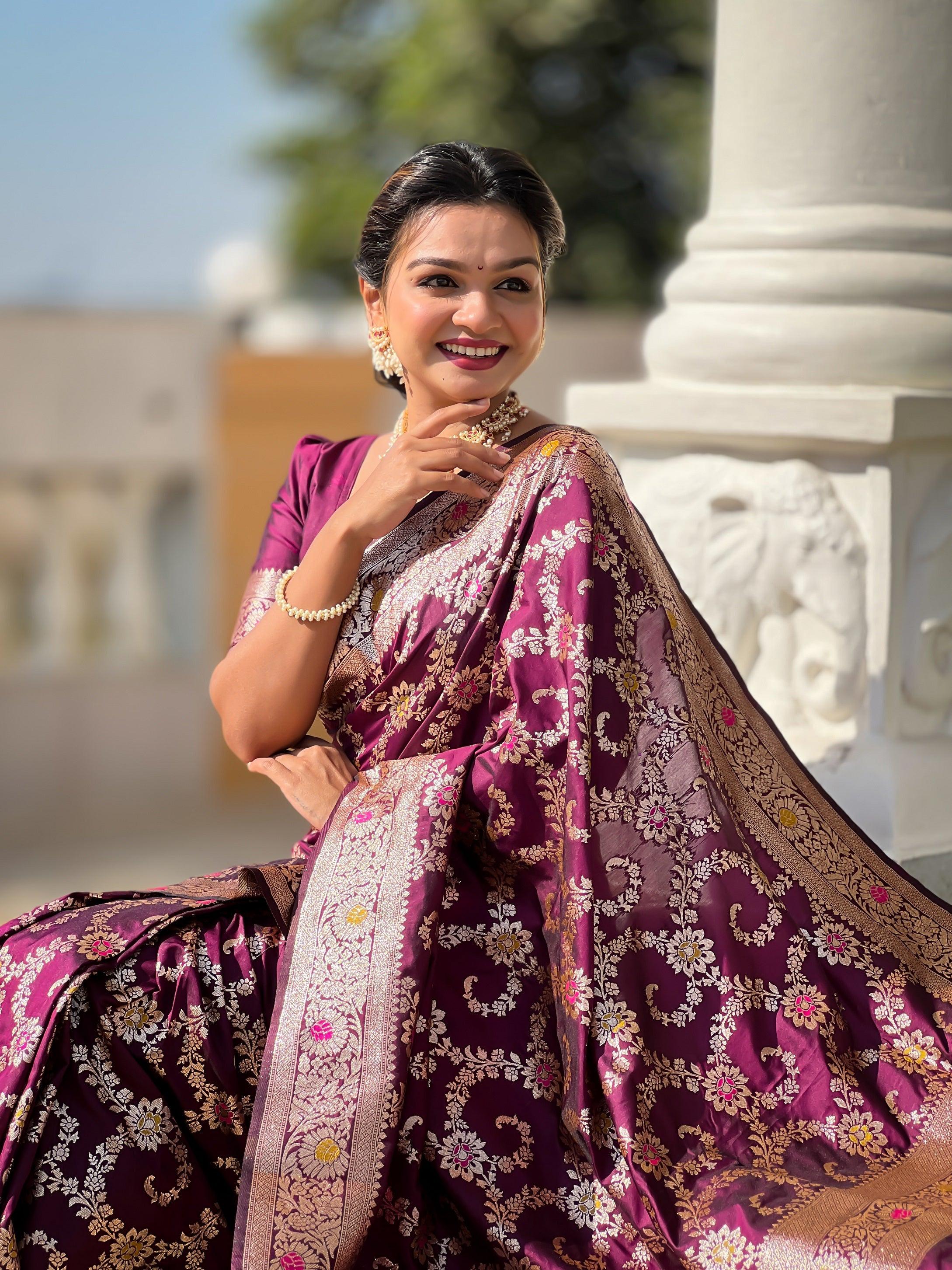 Vedant Vastram Soft Litchi Silk Banarasi Silk Jacquard Saree - Wine - Dista
