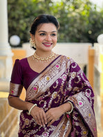 Thumbnail for Vedant Vastram Soft Litchi Silk Banarasi Silk Jacquard Saree - Wine - Dista