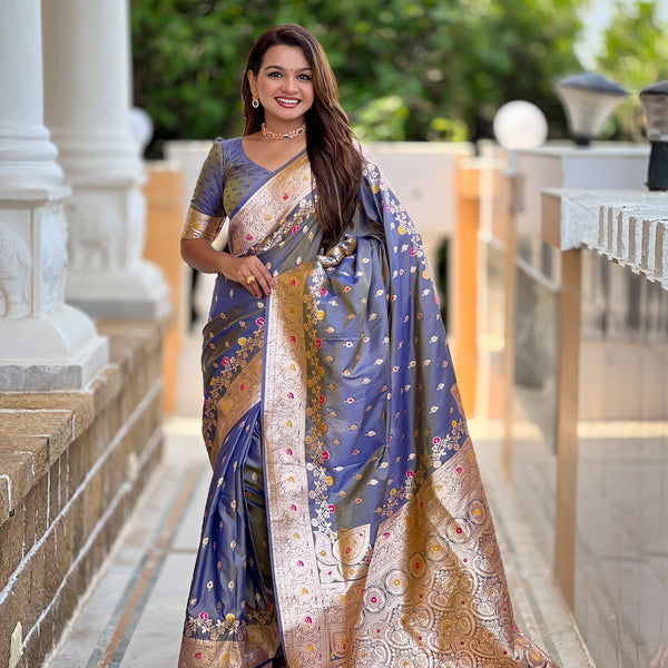 Vedant Vastram Soft Litchi Silk Banarasi Silk Jacquard Saree - Grey - Dista