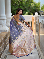 Thumbnail for Vedant Vastram Soft Litchi Silk Banarasi Silk Jacquard Saree - Grey - Dista