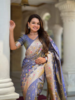Thumbnail for Vedant Vastram Soft Litchi Silk Banarasi Silk Jacquard Saree - Grey - Dista